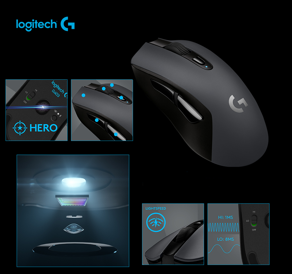 Mouse Sem Fio Gamer Logitech G603 Hero Lightspeed, Bluetooth, 6 Botões, 12000 DPI - 910-005100